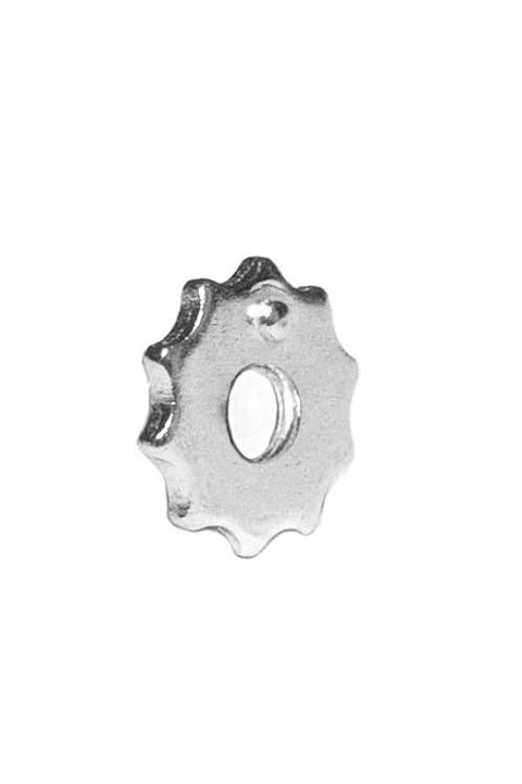 Close-up of silver adjustable outlet spacer from Adjustable Outlet Spacer 50pk, showcasing patented catch pin design.