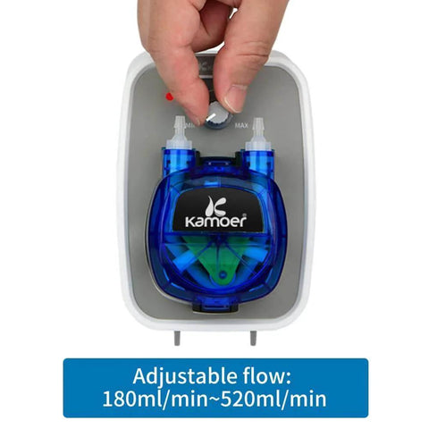 24V peristaltic pump high flow rate liquid dosing pump 180-520ml/min adjustable, Norprene tube housing, front view with flow adjustment