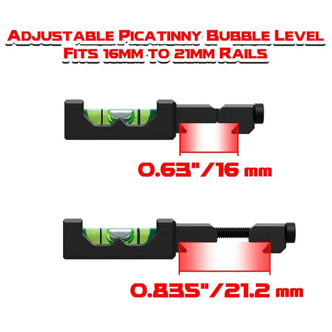 Adjustable Picatinny bubble level showing dimensions 0.63 to 0.835 inches, suitable for 16mm to 21mm rails.