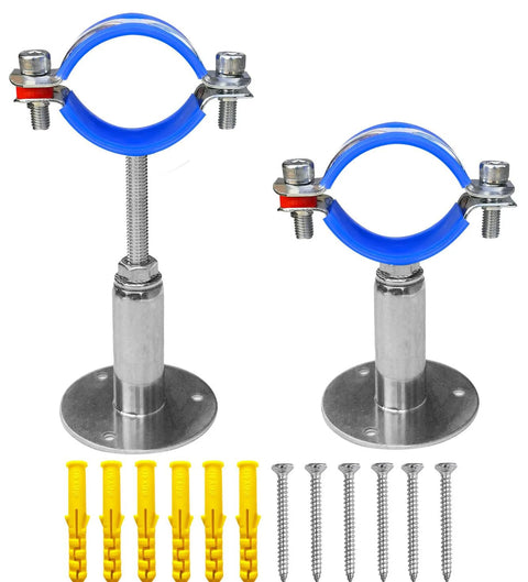 Two POTONZ stainless steel 304 pipe clamps with blue rings and mounting bases; includes screws and yellow anchors