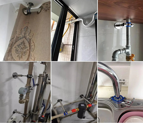 POTONZ pipe clamp, stainless steel wall/ceiling mount, front view securing a pipe.
POTONZ pipe hanger, stainless steel side view with flexible duct near window frame.
POTONZ pipe support, stainless steel with blue mounting ring, installed under wood countertop.
POTONZ wall-mounted pipe clamp, beige pipe and gauge assembly in a cabinet.
POTONZ stainless steel pipe bracket, chrome vertical pipe with fittings in cabinet.
POTONZ kitchen faucet pipe clamp, blue ring around chrome supply line under sink.