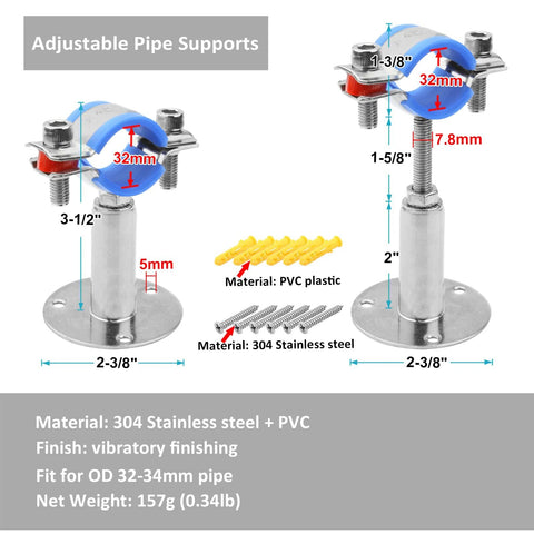 4-pack 304 stainless steel wall and ceiling pipe support clamps for 1 inch NB pipe with screws and PVC spacers