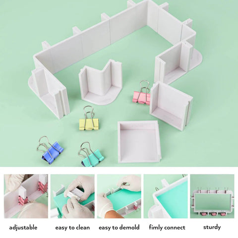 Adjustable Molds Housing For Silicone And Resin Molds, Reusable Plastic Frame With Binder Clips And Double Sided Tape shown with parts
