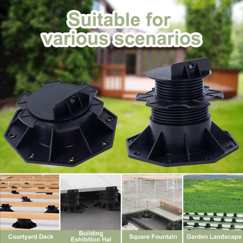 10 Pack Adjustable Plastic Pedestal Pavers For Deck Leveling And Floor Support, Slate Floor Lift Bases, front and side view