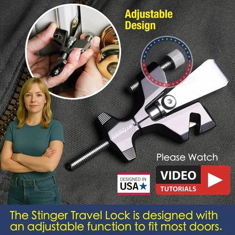 All Metal Portable Door Lock For Travelers With Built In Glass Breaker And Seatbelt Cutter Delivers Hotel Apartment And Home Door Security And Privacy Durable Travel Safety Lock For Women And Families, showing adjustable lock design and video tutorial label.