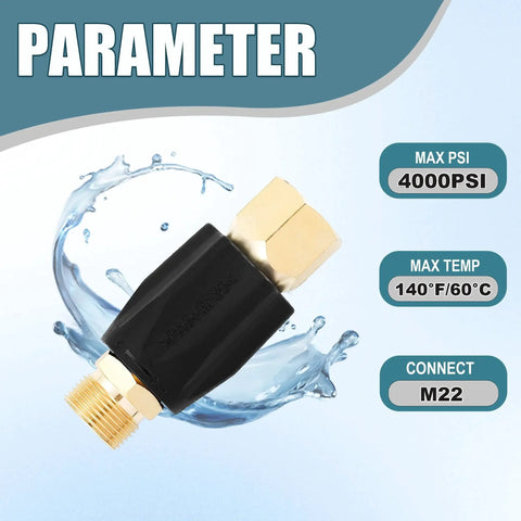 Adjustable Pressure Regulator For Pressure Washer With M22 Connector Up To 4000 PSI shown with water splash, 4000 PSI indicator.