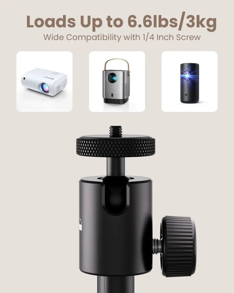 Close-up of Portable Projector Stand with wide compatibility, 1/4 inch screw adapter, and 360 degree rotation ball head