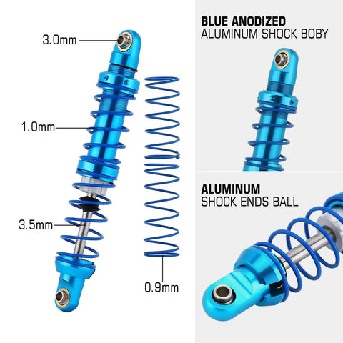 Oil adjustable RC shock absorber set with dual-stage springs delivers smooth damping for 1/10 crawlers, 90mm blue aluminum