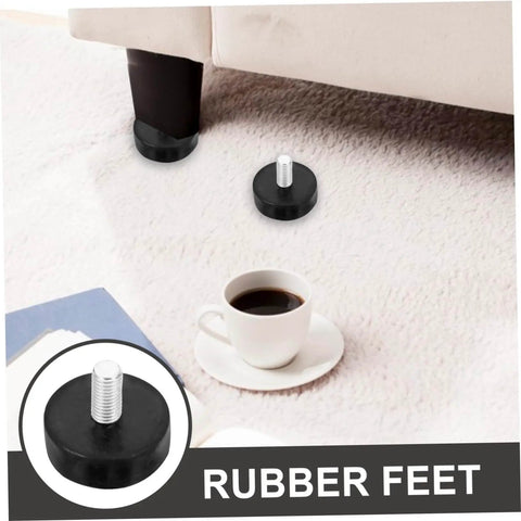 Adjustable rubber feet levelers with stainless steel core for furniture, reducing noise and enhancing stability on carpeted floor.