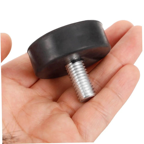 Close-up of adjustable rubber feet leveler with stainless steel core to improve stability and curb noise for furniture, cabinets, and machines.