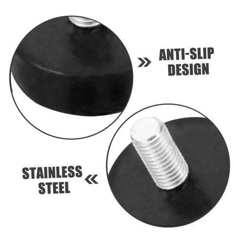 Close-up of adjustable rubber feet levelers with stainless steel core and anti-slip design, improve stability and curb noise.