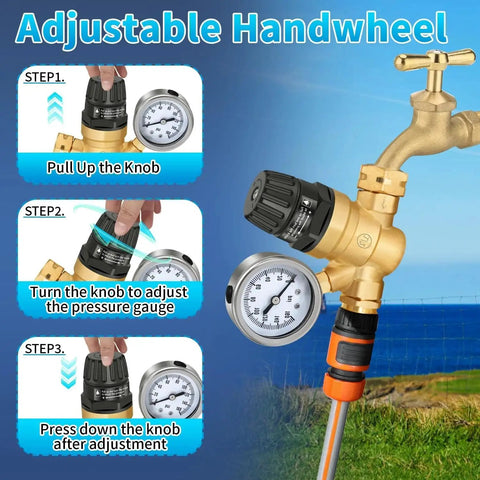 Heavy Duty RV Water Pressure Regulator with Built In Gauge and Adjustable Handwheel for Campers and Travel Trailers