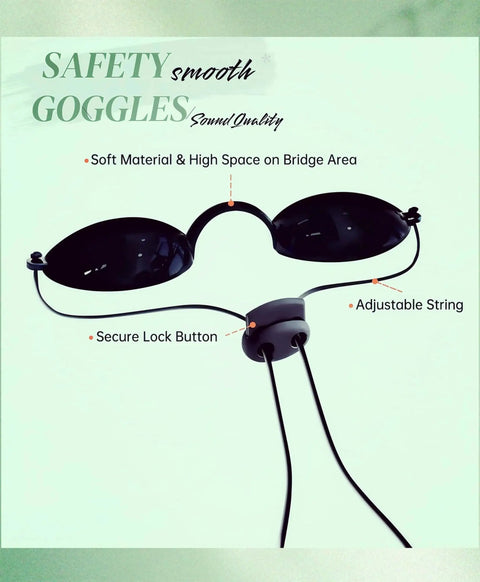 Front view of transparent safety goggles with adjustable strap and secure lock button, highlighting soft material and design details.