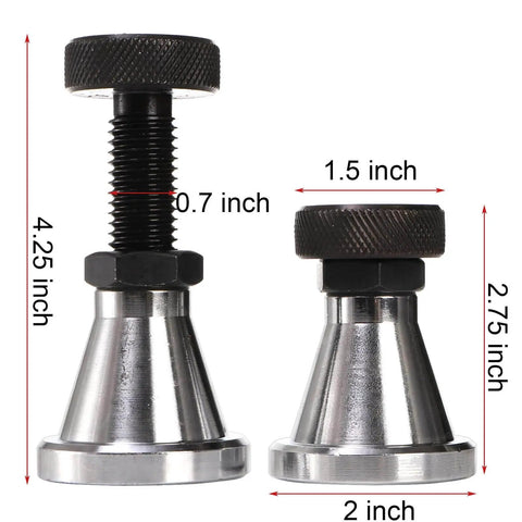 Two pack adjustable screw jack set provides precise leveling for milling and drilling machines, height adjustable from 2.75 to 4.25 inches, 2 inch diameter, 5 ton capacity, rugged 45 steel for stable, reliable support