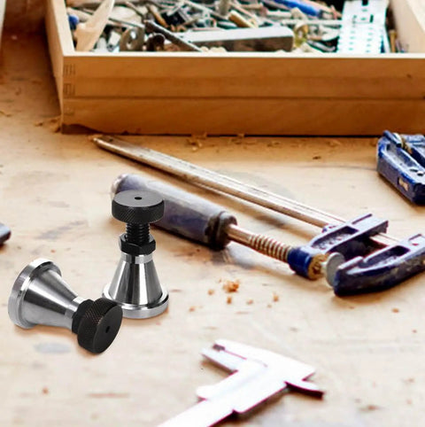 Two pack adjustable screw jack set provides precise leveling for milling and drilling machines, height adjustable from 2.75 to 4.25 inches, 2 inch diameter, 5 ton capacity, rugged 45 steel for stable, reliable support shown in a workshop.