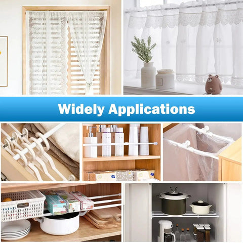 Multiple uses of Adjustable Window Security Bar For Sliding Glass Doors With Rubber Tips, organizing shelves, curtains.