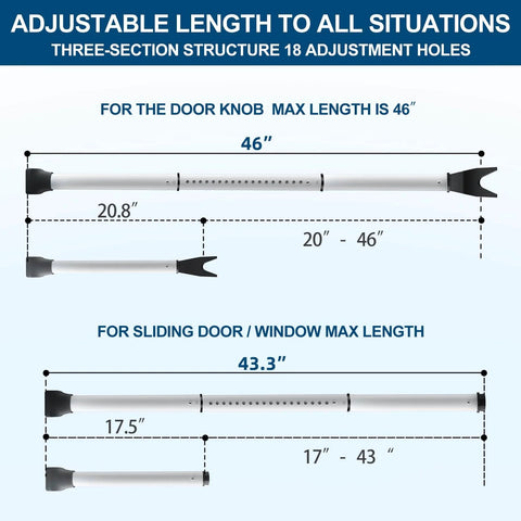 Diagram showing Door Security Bar, Door Stoppers Security bar with adjustable length options for door and sliding door.