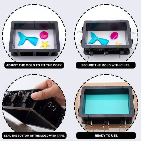 Adjustable Silicone Mold Housing Kit with plastic frame for resin molds, includes 4 corners, binder clips, and double-sided tape.