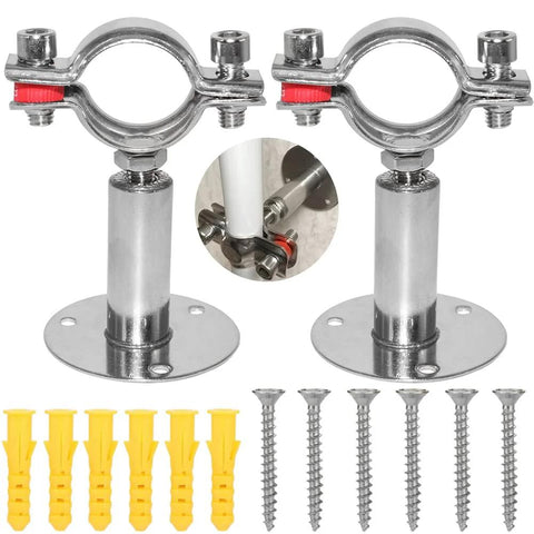 Two stainless steel pipe clamps with base mounts for 19–21mm PVC/metal water pipes; includes screws and yellow wall anchors.