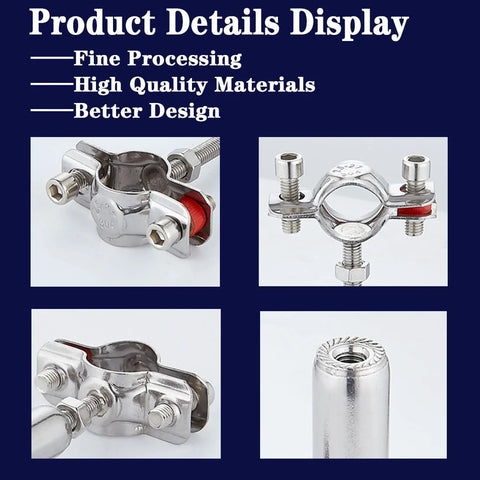 2-inch stainless steel pipe clamp bracket with screws, front view
2-inch stainless steel pipe clamp with bolts, side view showing red gasket
2-inch stainless steel pipe clamp assembly installed on a pipe, angled view
Close-up of stainless steel pipe end with internal threading
