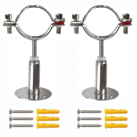 2-pack stainless steel pipe support clamps with round base plates; includes screws and yellow expansion anchors