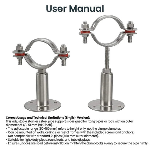 Stainless steel adjustable pipe wall and ceiling mount clamp for 2 in OD pipes; base flange included.