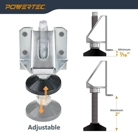 Heavy duty zinc plated steel furniture levelers with nylon feet and screws, adjustable height, diagram showing dimensions