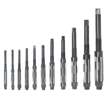 Front view of Durable Adjustable High Speed Steel Hand Reamer Set For Drilling Machines 11 Pieces H4 Through H14 Size Range 0.46875 Inch To 1.5 Inch Straight Flute Includes 6 Replacement Blades WFLNHB displayed in a row from smallest to largest.