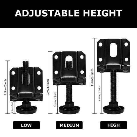 Heavy Duty Adjustable Leveling Feet For Furniture Set 4 Pcs With Hexagon Locking Nuts, black steel, adjustable height settings low to high.