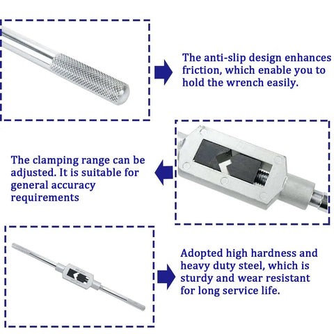 Beefy Adjustable Tap Wrench For M6 To M20 Fits One Quarter Inch To Three Quarter Inch Taps Steel Hand Tool showing key features