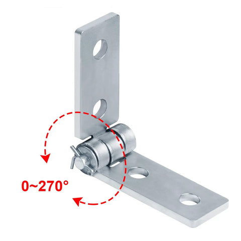Four Piece Adjustable Hinge Bracket Set For One And Five Eighth Inch Strut Channel With Four Holes And Quarter Inch Thick Angle Fittings Eight By One And Five Eighth Inch Electro Galvanized Low Carbon Steel. Front view showing 0-270° adjustability.