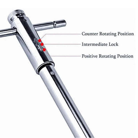 Close-up of QISF Adjustable T-Handle Ratchet Tap Holder Wrench showing rotating positions and lock mechanism.