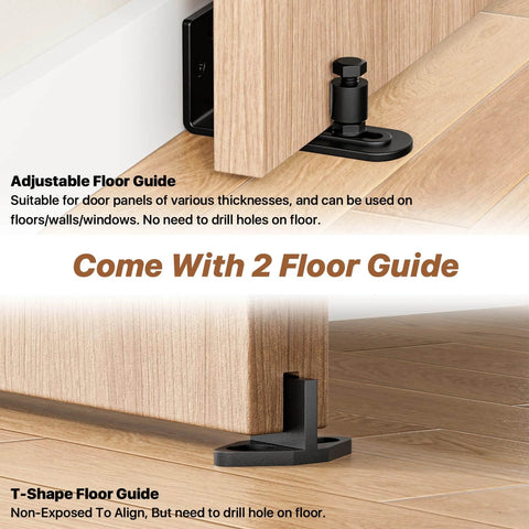 Close-up of adjustable T-shape floor guide from 8FT Sliding Barn Door Hardware Kit, suitable for door panels, black finish.