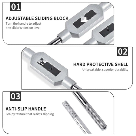 Adjustable Tap Wrench Handle For M1-M12 And W1/16-1/2 Reamers with anti-slip handle and adjustable sliding block.