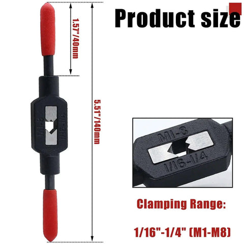 Adjustable Tap Wrench One Sixteenth To One Quarter Inch Jaw Opening 140mm Length Fits M1 To M8 Taps Tap Holder And Reamer Hand Tool For Precise Threading Beefy Grip For Your Home Shop, showing product size and clamping range.