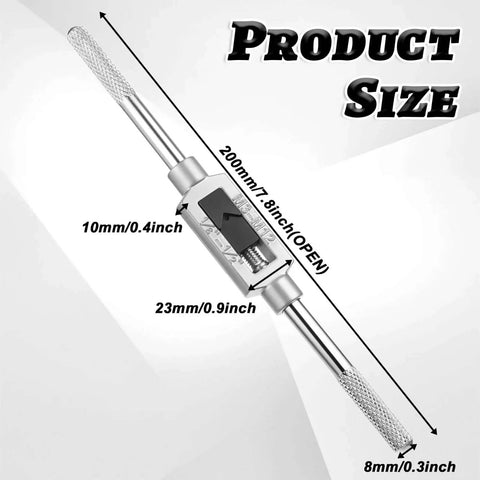 Adjustable Tap Wrench Handle M3 To M12 With 1/16 To 1/2 Inch Capacity, silver metal reamer tool with size annotations