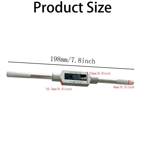 Heavy Duty Adjustable Tap Wrench Handle For Machinists, Fits Metric M3 To M12 And One Sixteenth Inch To One Half Inch Reamers, shown with dimensions