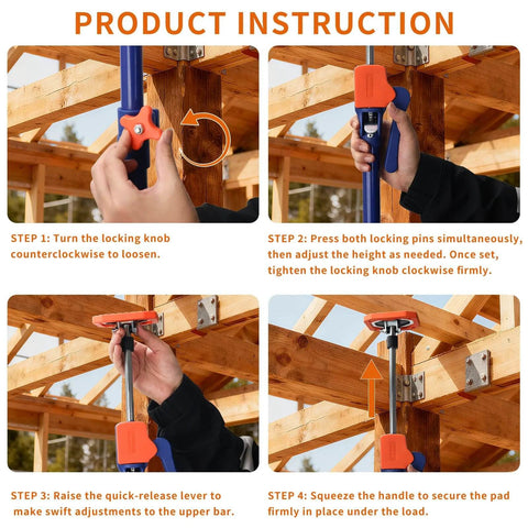 Product instructions showing the use of ✝️ 2PK Adjustable Telescopic Support Pole, 54-115 inch Cabinet Jack, Heavy Duty 3rd Hand Support System.
