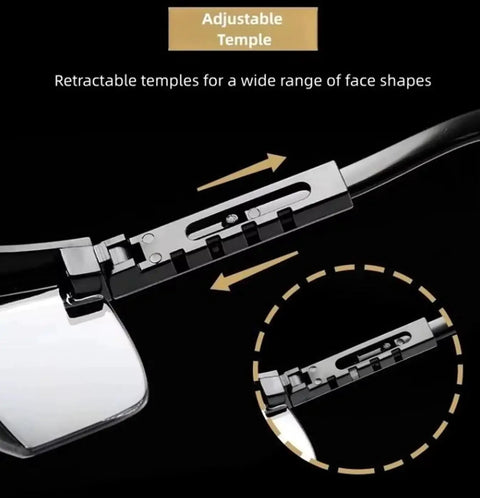 Adjustable temples on 2 Pack Wide Frame Safety Glasses Goggles Anti Fog UV Resistant Over Glasses with arrow diagram
