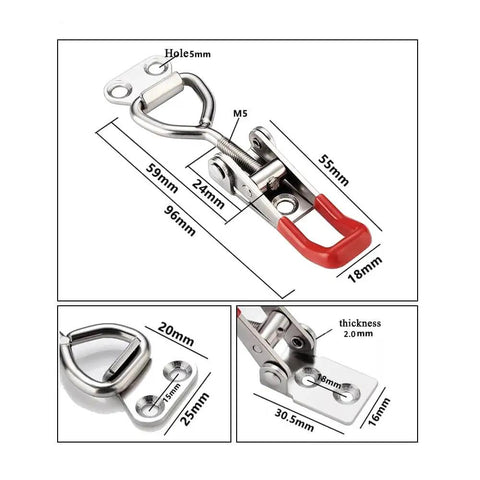 Six Pack Adjustable Toggle Latch Clamps provide secure quick release holding up to 330 lbs with red vinyl grips, measurements shown.