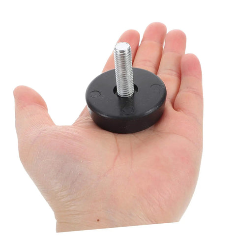 Four Piece Adjustable Treadmill Feet Mounting Hardware With Thumb Screws For Exercise Machines Mounting Screws For Fitness Equipment Spare Parts For Gym And Home Use, single rubber foot with threaded screw shown on palm.