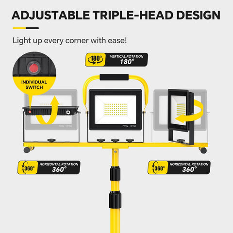 21000 Lumen Ultra Bright LED Work Light With Stand For Job Site And Outdoor Use Boss Level 3 Head Adjustable Tripod