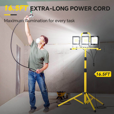 21000 Lumen Ultra Bright LED Work Light With Stand For Job Site And Outdoor Use Boss Level 3 Head Adjustable Tripod Work Light With Individual Switch IP66 Waterproof Foldable Construction Lighting Ideal Gift For Men And DIY Pros