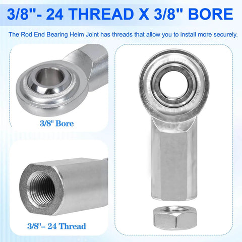 Adjustable 3/8-24 Thread Turnbuckle with 3/8 Bore Heim Joints Rod End Set, shown with bore and thread details.