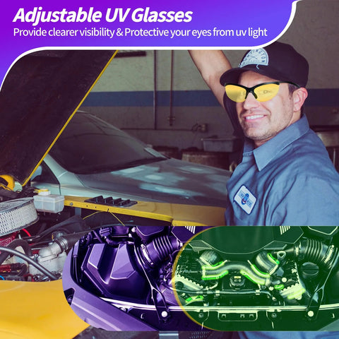 REALHUNLEE UV dye leak detector kit with 68-LED UV flashlight; mechanic wearing protective UV glasses beside a car engine.