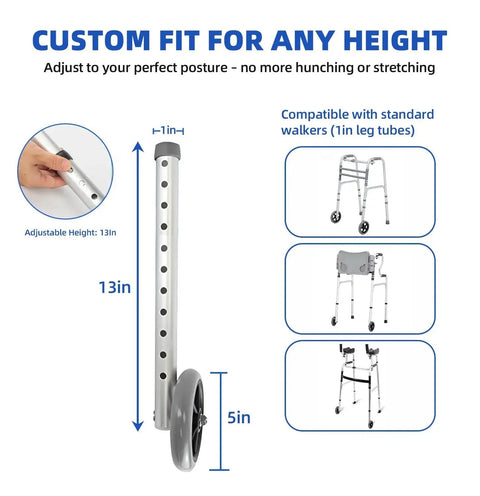 Replacement Heavy Duty Aluminum Caster Wheels For Standard Walker Aids with adjustable height, compatibility with 1in leg tubes