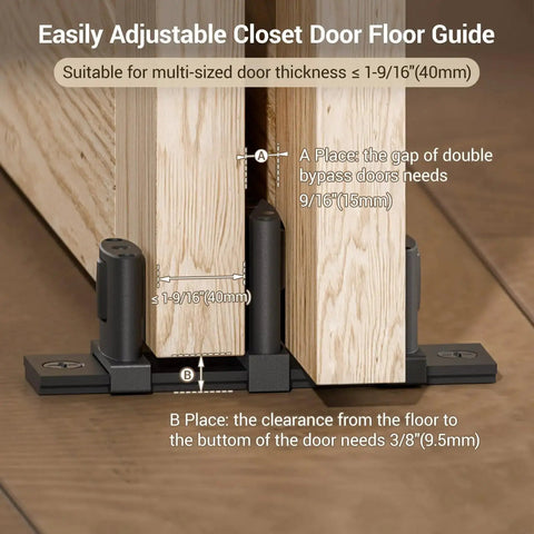 Sliding Closet Door Floor Guide for Bypass Doors with Adjustable Three-Roller System in Black installed under wooden doors.