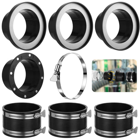 8-piece adsorptive dust collector for 4 in shop vac hoses; includes 3 black 4 in adapters, flange, clamp, connector.