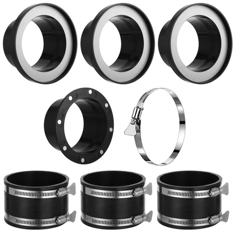 Eight-piece dust collection kit for 4-inch shop vac hoses: three black adapters with silver rims, flange, clamp, and three hose sections