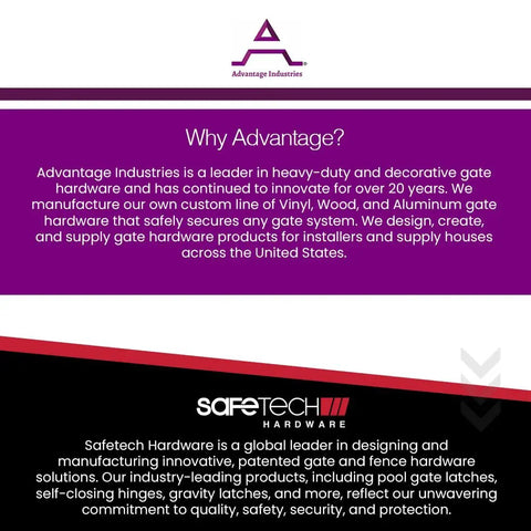 Infographic detailing Advantage Industries and Safetech Hardware as leaders in gate and hardware solutions.